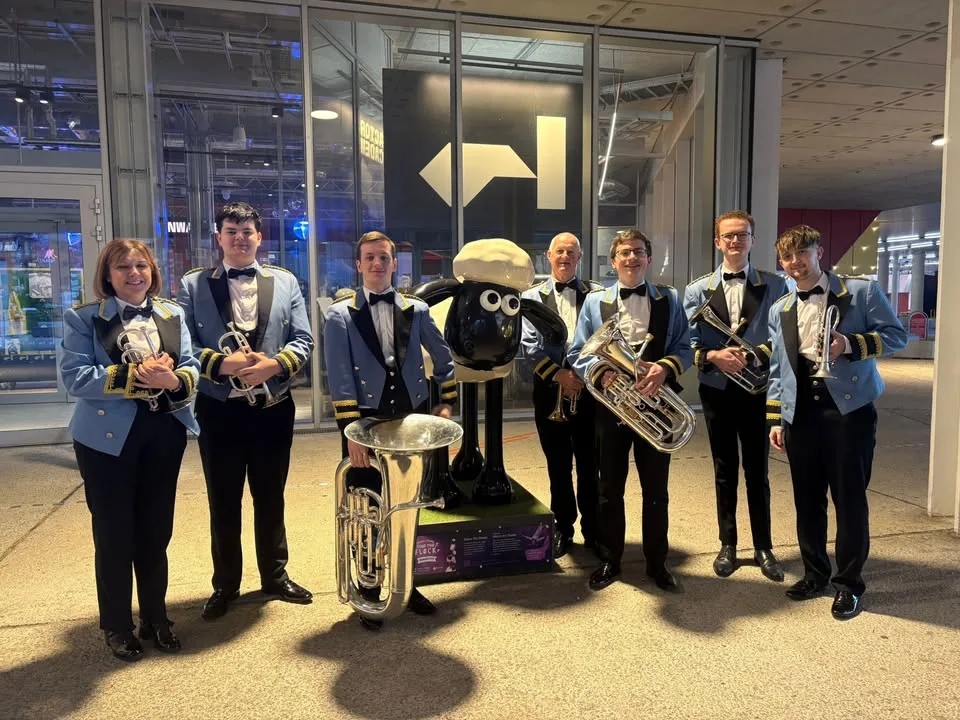 Photograph shared by The KNDS Fairey Band with its update, “Players from the band performed at Factory International (Aviva Studios) this afternoon to…”.
