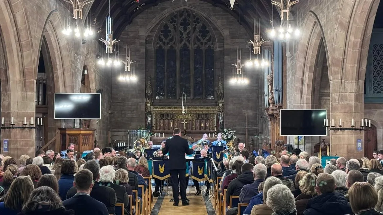 Photograph shared by The KNDS Fairey Band with its update, “We had a brilliant night of music on Saturday as we joined forces with the Stockport…”.