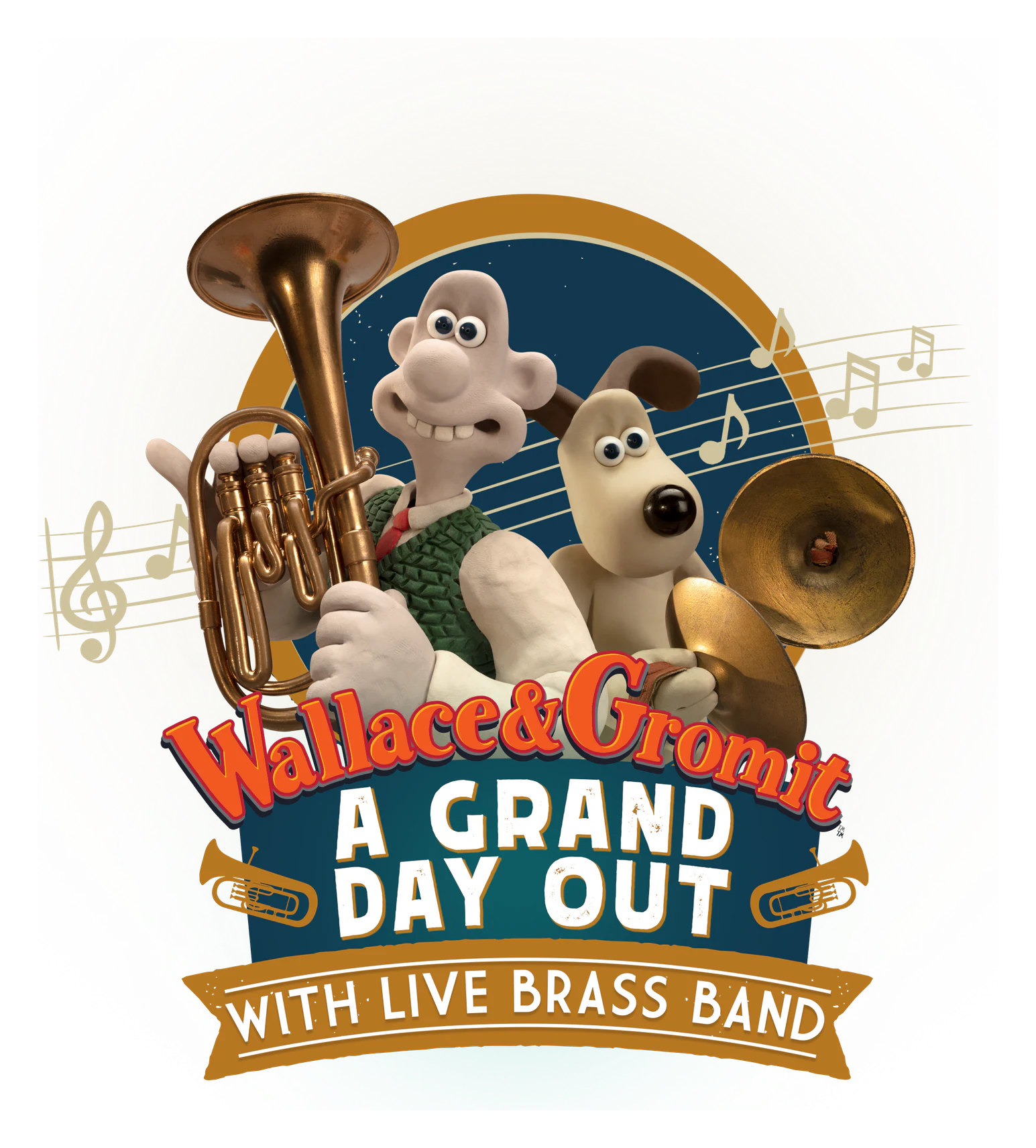 Wallace and Gromit holding brass instruments above A Grand Day Out with Live Brass Band artwork
